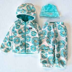 Patagonia Baby Reversible Puff-Ball Floral Jacket Pants Hat Set Size 2T Turquois